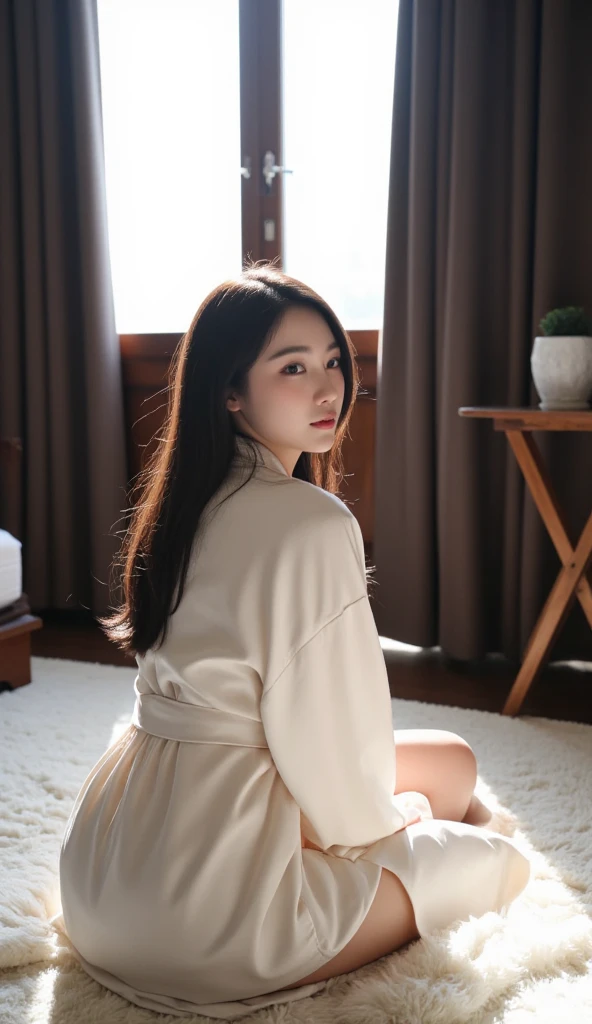expensive Long Hair glamorous masochist、Bedroom、Sitting on the bed in a submissive pose、シースルーキャミソール