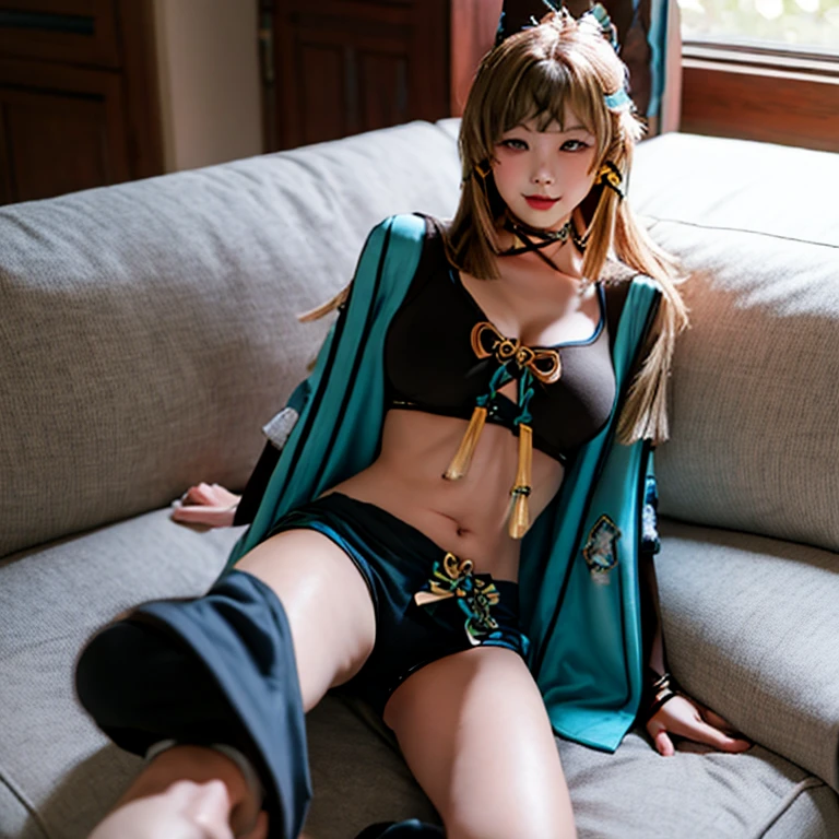 masterpiece, best quality,hina (genshin impact), 1girl, animal ears, breasts, japanese clothes, long hair, thighhighs, tail, gloves, dog ears, solo, green kimono, large breasts, dog tail, kimono, green eyes, black gloves, brown hair, multicolored hair, garter straps, looking at viewer, black thighhighs, white hair
