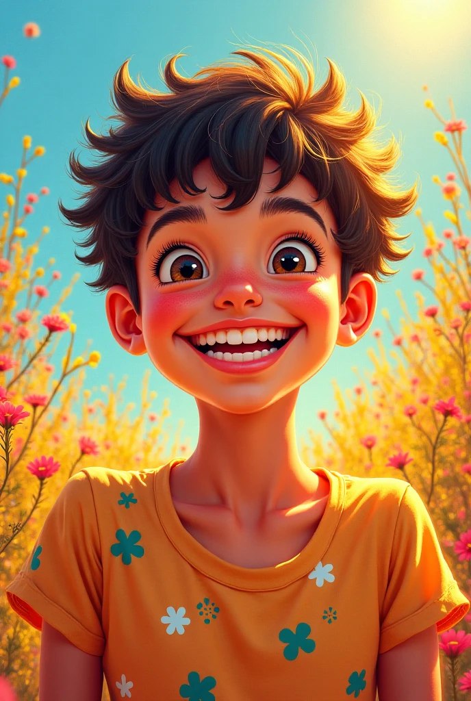 (((close-up face))). A joyful boy with short brown hair, 6yo, wearing a colorful t-shirt and shorts, running in a field of flowers during sunset, smiling happily, surrounded by blooming flowers, the golden light of the setting sun illuminating his face, capturing the essence of childhood and freedom, natural light, 35mm photograph, film, professional, 4k, highly detailed, Golden hour lighting. Depth of field F2. Rule of Thirds Composition.