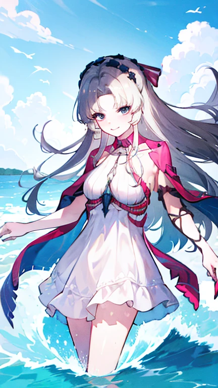 Silver hair, pink eyes, body, cat ears, sexy girl, earrings, cloud and sun background, hair bows, mitsuri, red pink kimono, bells necklace, pet cats