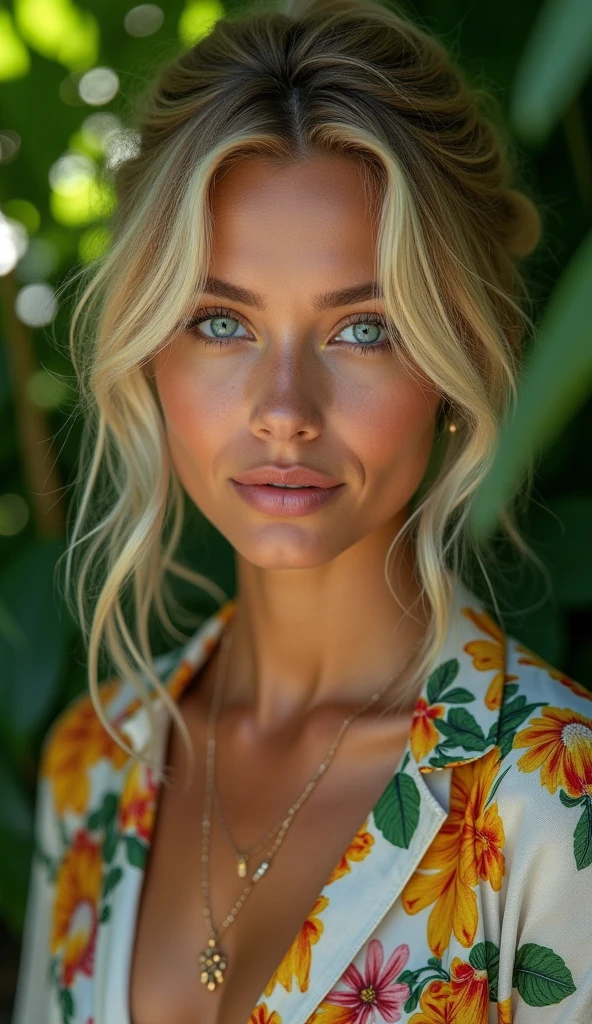 A blonde Brazilian woman, in a lush tropical garden, wearing an open shirt with a floral print, with a close-up capturing the harmonious beauty between her breasts and the natural flowers, showing off your natural charm and outgoing personality.