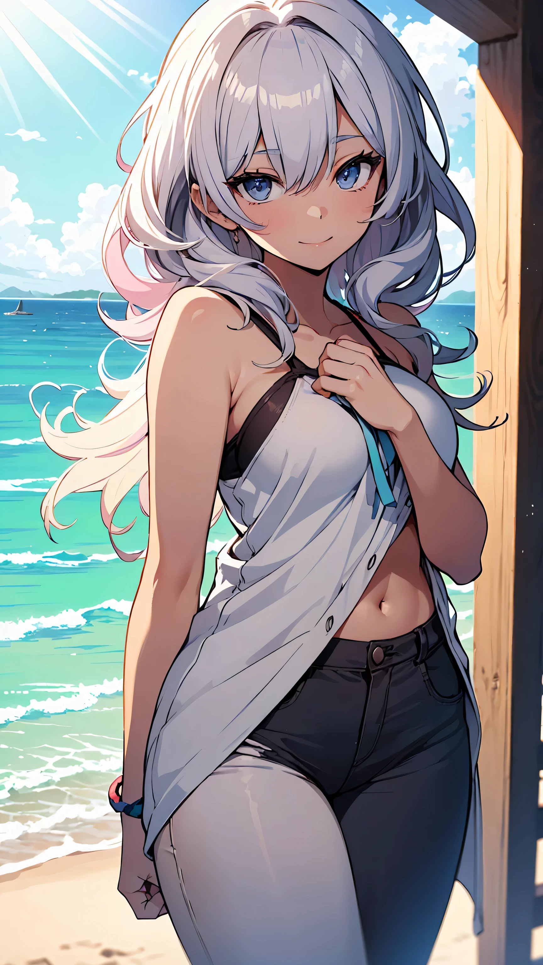 masterpiece, best quality, 1 solo girl, white hair, purple eyes, short hair, medium breasts, mature body and face, wavy hair, white bikini, scarf, beach, white sand, beach ball, summer, leg up, cowboy shots, detailed body, face, and eyes, sharp focus, vibrant, creative, dynamic, high definition, high resolution, 8k, (Upscale: R-ESRGAN 4x+ Anime6mage enchance:4x), voluptuous body