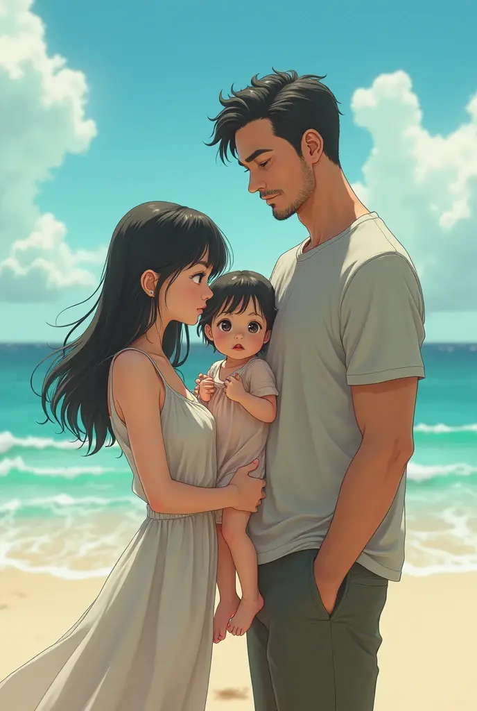 cinematic poster about a girl, a guy and their daugther, she is ???.  anime. make it more mature. at beach.