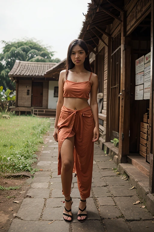 A 52 years old Indonesian woman in peach color hijab, wearing peach color lace tight t-shirt, wearing very short peach color pleated skirt, darker skin, skinny body, short body, smiling and standing in the old bamboo cabin in a forest, look to the viewer with eye close