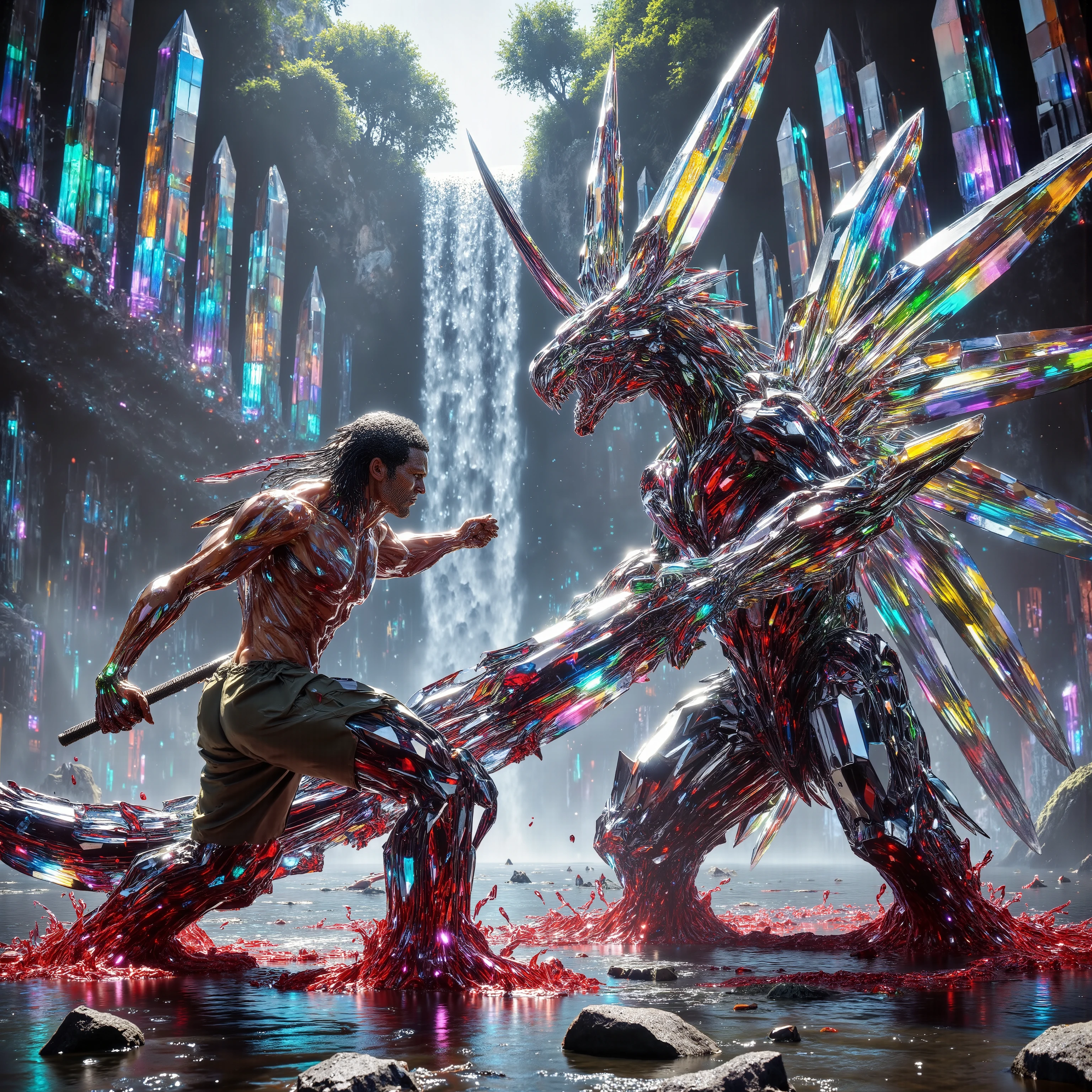 A skeleton of a dinosaur made up of gigantic quartz crystal points that are multicolored translucent pillars in a tropical rainforest. In the middle of these quartz crystals is an incredible gushing cascading waterfall that pours into a beautiful lagoon that is lined with smaller quartz crystals 20 to 40 feet tall. In hues of Pink, Red, Orange, Yellow, Green, Blue, and purple, there are hundreds of quartz crystal formations pointing up in the sunlight in the cliff and protruding from the perimeter of the lagoon. Be sure that they are partially translucent and radiate color in the bright full sunlight. In this Full Sunlight, we see a caveman and a triceratops in a fight to the death in the lagoon. Huge chunks of meat are ripped off by the T Rex, and the Triceratops three horns have caused several large punctures on the T Rex. Both animals wounded the clear lagoon water becomes red and thick with blood. Pieces of stringy meat and blood hang and drip off the caveman's enormous spear. His mouth and head are covered in blood as is the Triceratops head and horns. Attention to detail on the dinosaurs' textured skin and especially the eyes! No red eyes! No glowing eyes! Only real looking irises and pupils! Keep these images real and graphic looking and also disturbingly natural. Anatomical correctness on the dinosaurs. Breathtakingly beautiful, stunning, awe-inspiring images only! 8K Octane, Action Painting, Cinematic, Cinematography, Conceptual Art, Digital Art, Fujicolor, Ultra-realistic Photorealistic, Portrait Photography, Surrealism, Unreal Engine, Sparkle on crystals, Cinematic, Perspective: up close, macro photography, Ultra bloody and gorey, UHD, Super Detailed, Best Quality, Award Winning, Masterpiece.