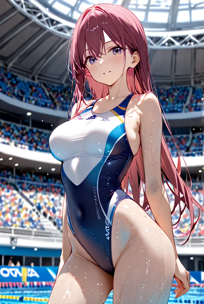 Asuna, anime art style, 1 girl, alone,big breasts、High leg competitive swimsuit、((My whole body is sweaty))、side ponytail、