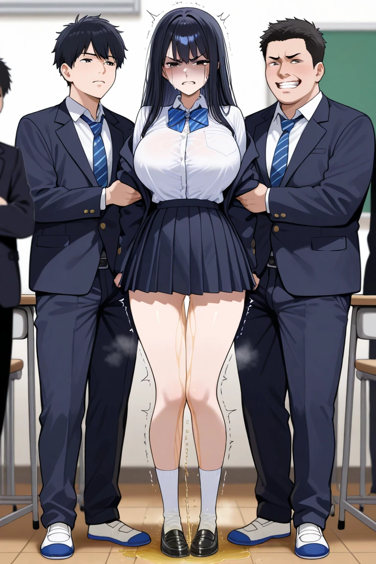 A woman wearing a dark blue maid outfit is having her breasts rubbed by a man while standing., shou off bra, skirt, panties, underwear, (shiny light blue satin panties:1.3)、横紐レースpanties, liar, Thighhighs,garter belt, skirt lift , realistic, Two-dimensional beautiful girl