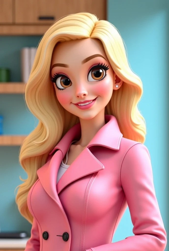 Beautiful Disney Pixar girl showing her cosmetology booth .with her pink suit black eyes blonde hair in a ponytail
