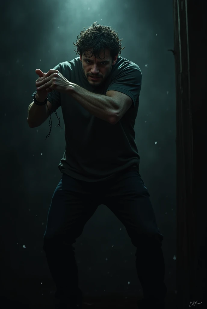 Young male trapped in mine dark door closed shaking the door