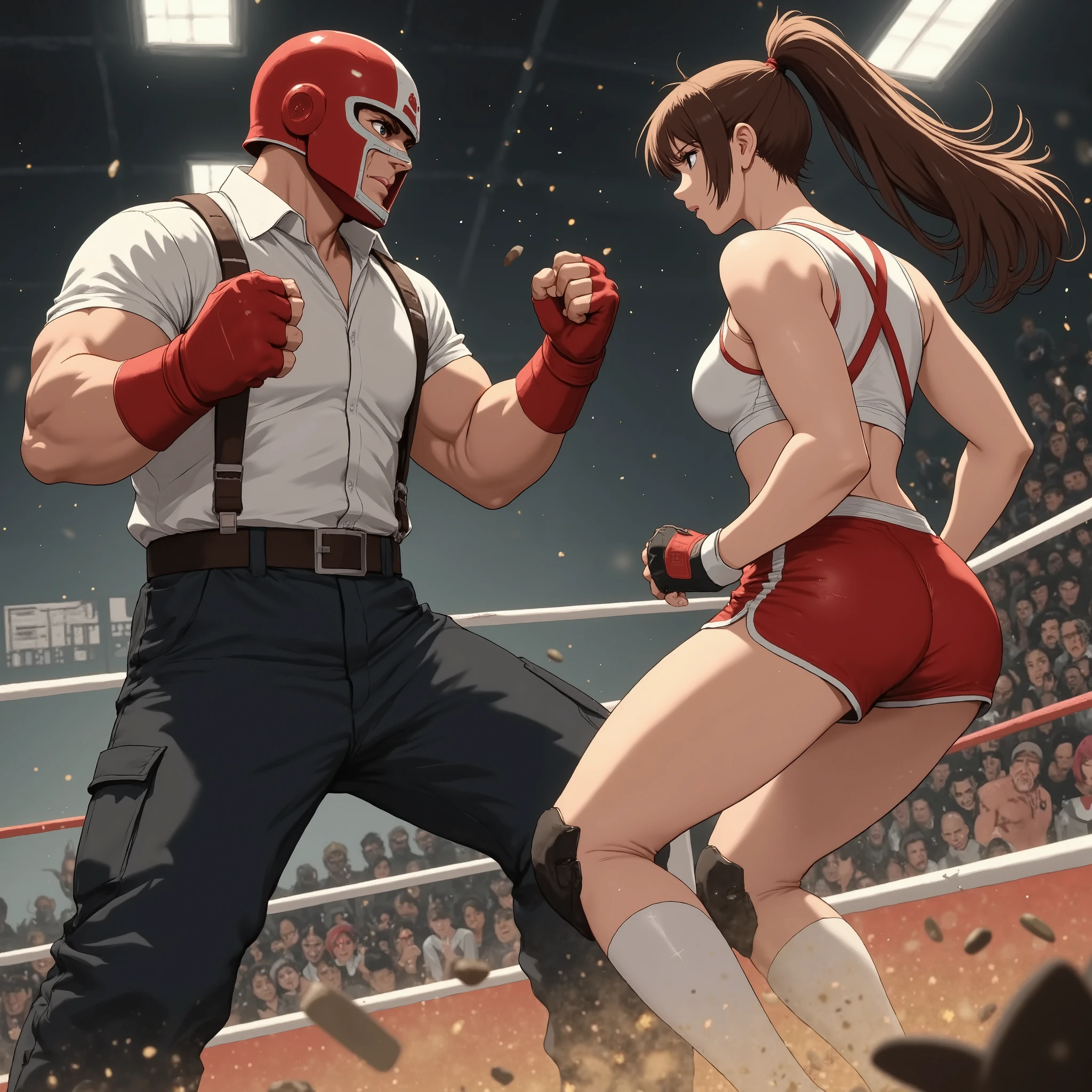 (masterpiece, Top Quality:1.2), 1 girl, 1 boy ,fight、woman in sports bra and shorts。giant male wrestler。male masked wrestler。
battle of the sexes,handfixer。face to face。,Active Angle。sharp-eyed woman。