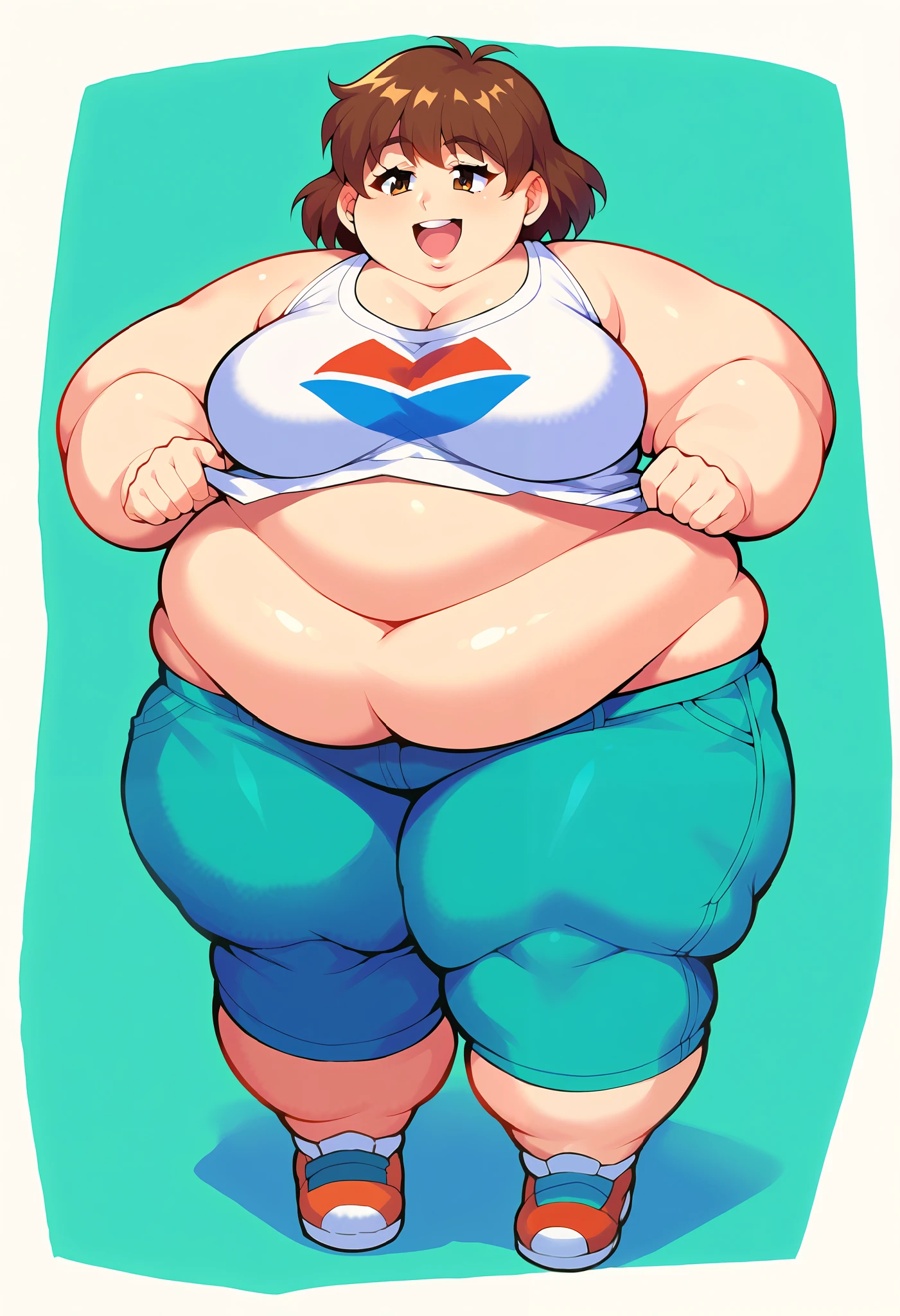 Anime Women, Lady、Detailed face、Forehead、Black Hair、Long braids down to the waist、Glasses、Hanging eyes、Brown eyes、Are fat、Chubby、Voluptuous、obesity、Double chin、Cheek、Fat-covered neck、Big Breasts、Saggy breasts、Thick upper arms、thick fingers、Fat Belly、Sagging belly、Thick legs、Fat all over the body、tall、Off the shoulder、Jumpsuit、sneakers、Sweaty、Embarrassed、Exercising