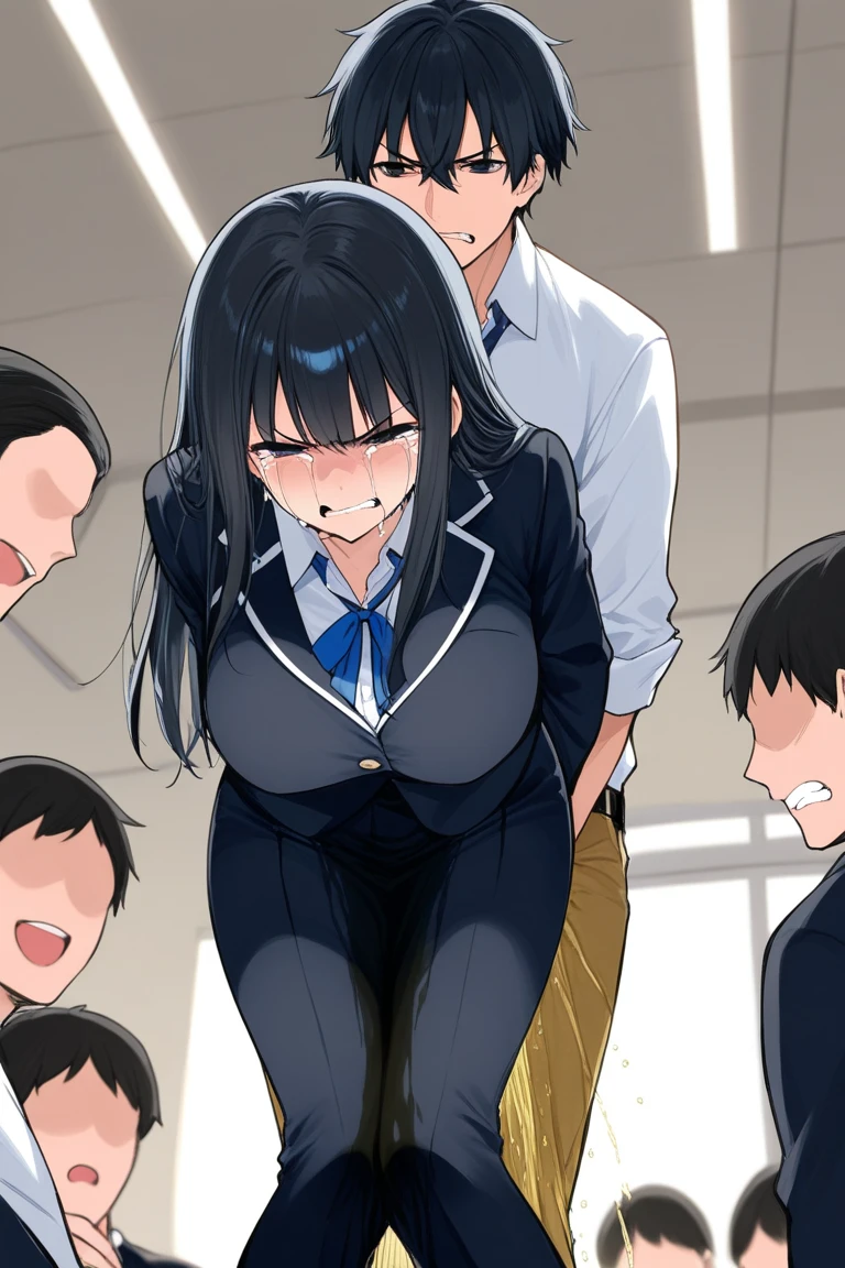 throw, From below, (High resolution:1.4), (Tabletop:1.2), (high quality:1.3), One girl, Saten Ruiko, Green Eyes, Long Hair, Black Hair, Small breasts,, Top view, Sweat, Browsing Caution, Embarrassing, Sweatをかく, Surrounded by several men, Grabbing your chest by others, Touched another person , Group Sex, Sweat, Browsing Caution, lament, Full nudity