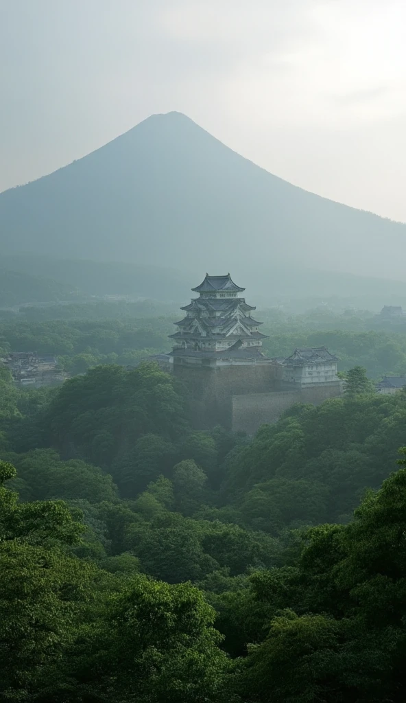Masterpiece, best quality, Japanese castle, forest, river, Japanese castle walls, Japanese castle complex, Himeji castle, hill, large castle,