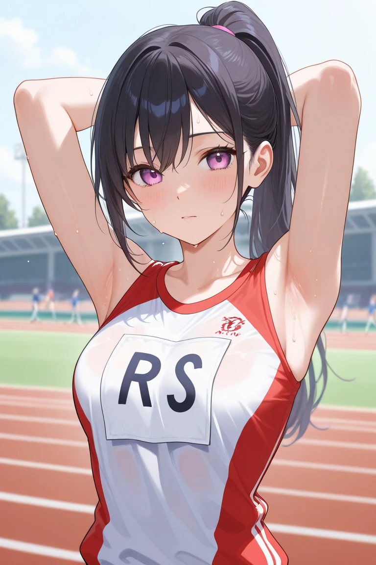mastute piece,Best Quality,insanely detailed,8k cg,nsfw,
(shoot upper body:1.3),
(1girls:1.3),standing,looking at viewr,body in front,(arms behind back:1.4),(track and field uniforms:1.3),(bare breasts:1.2),(bare nipples:1.2),
break,
blush,shy,(ecstasy face),(trembling:1.2),break,(light pink hair:1.3),
break,
perfect breasts,perfect teats,(open mouth:0.9),(large breasts:1.2),
(track field),
