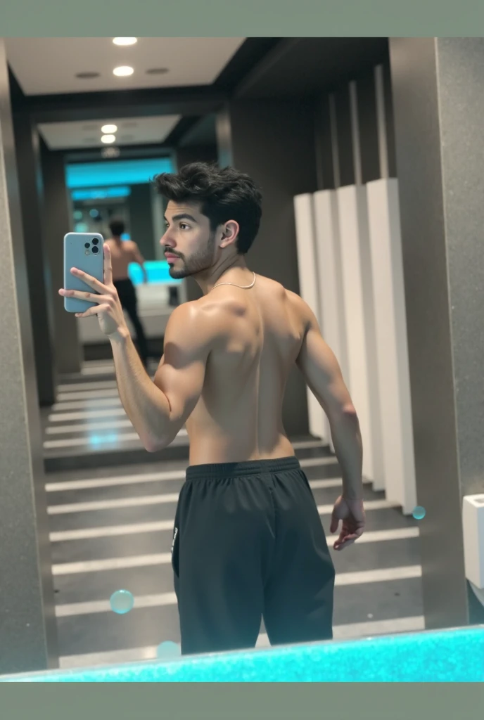 a 17 year old boy with short black hair, intense blue eyes, intense gaze, defined facial features, no facial hair, tall muscular build with broad shoulders and V-shaped body, wolf tattoo on right arm, full body focus, completely hairless
