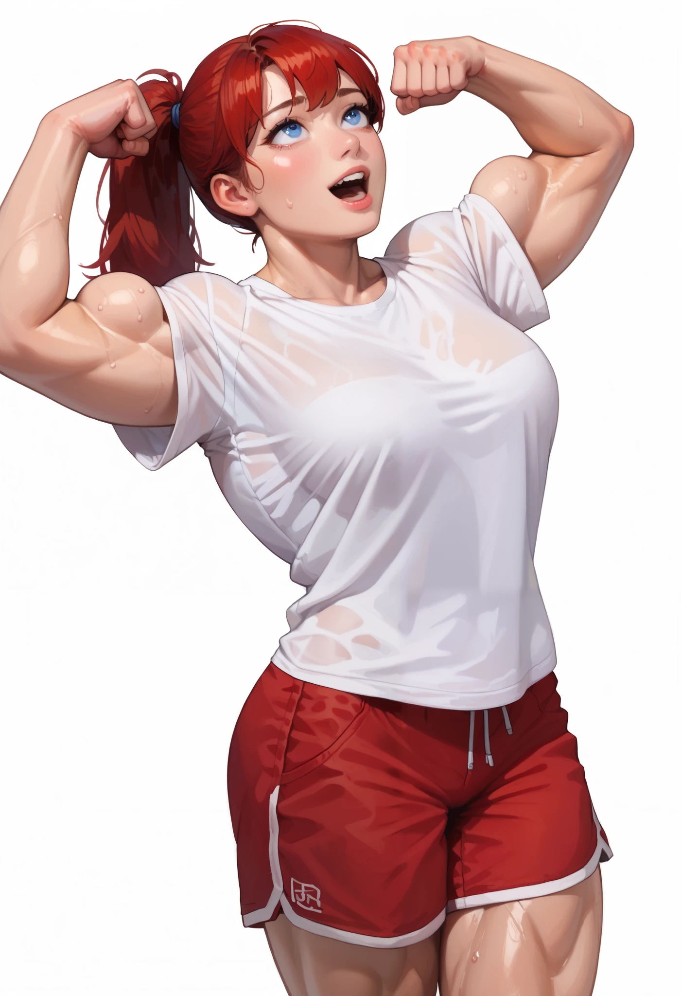 ((White background)) ((Korean girl)) ((1girl)) , (solo girl) ,24 years old, rathing_questionable , detailed eyes, (Red hair tied in a ponytail) Bangs ,blue eyes, (white oversized t-shirt:1.3) ,(Red shorts:1.2) , ((muscular:0.4)), strong , (sexy) tall ((breasts:0.5)) ,(muscular), tall ,Long legs , open mouth ((look up:1.4)) Soaked in sweat ((Flexing arm:1.2)) excited