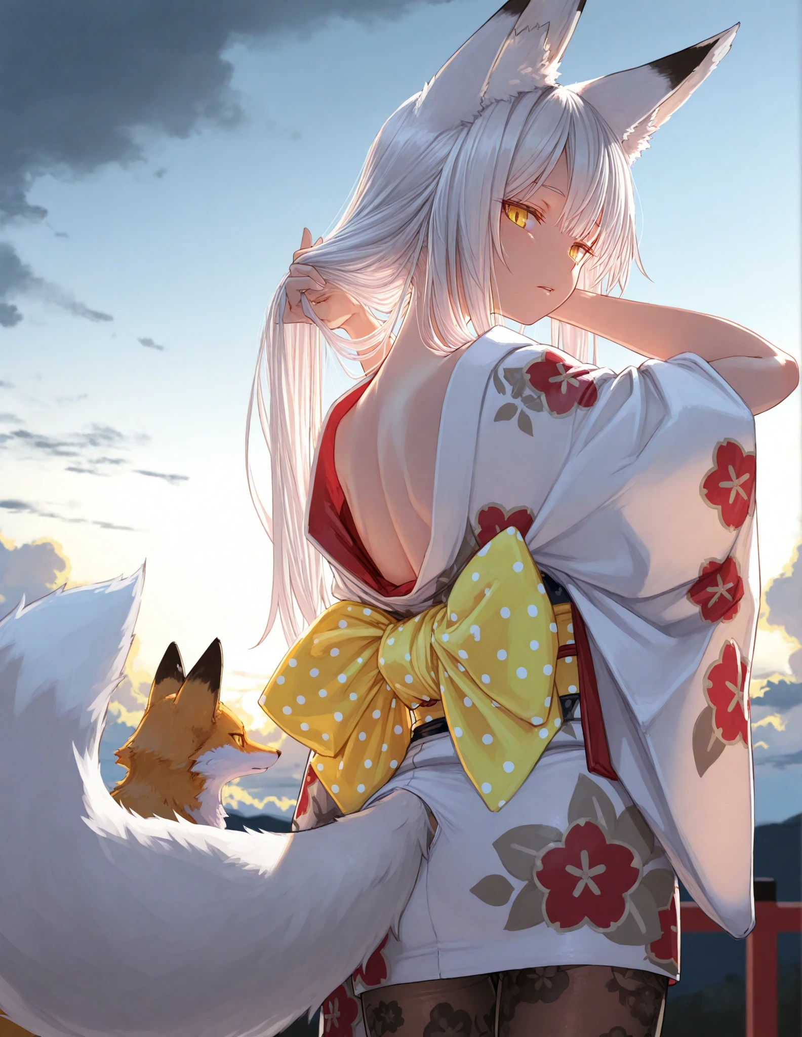 9 tails from the butt:1.1,kyuubi,absurdres, absolutely resolution, incredibly absurdres, highres, ultra detailed, official art, unity 8k wallpaper,
BREAK
1 girl, soro, twintails, long hair, blonde hair, fox ears, japanese clothes, kimono, floral print, (many fox tail, 9 fox tail:1.2),
BREAK
holding fan, straight-on, evil smile,
BREAK
torii, inari, fog, night sky, (moon:1.2),
