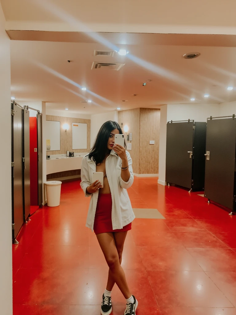 One young female. She wear a white shirt and long red tie and a black skirt. She is sitting in a tiny bathroom. She is sitting in a black barber chair. She have long black hair
