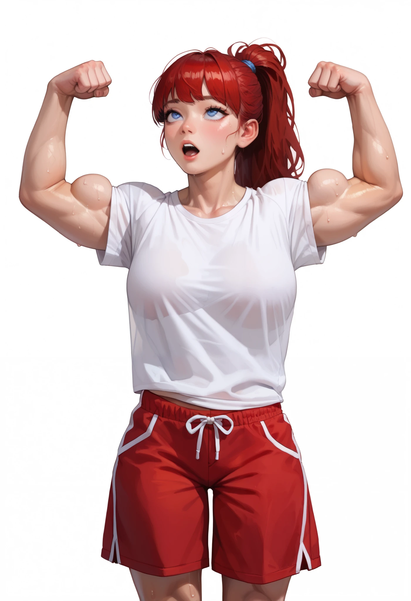 ((White background)) ((Korean girl)) ((1girl)) , (solo girl) ,24 years old, rathing_questionable , detailed eyes, (Red hair tied in a ponytail) Bangs ,blue eyes, (white oversized t-shirt:1.3) ,(Red shorts:1.2) , ((muscular:0.4)), strong , (sexy) tall ((breasts:0.5)) ,(muscular), tall ,Long legs , (shout) ((look up:1.4)) Soaked in sweat ((Flexing arm:1.2)) excited
