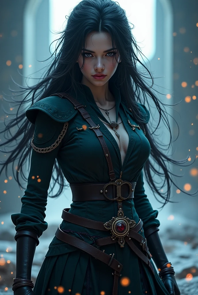 a woman in a long dress and a sword in her hand is standing on a rock in the dark, Dirk Crabeth, gothic, a character portrait, gothic art, , trending on ArtStation, trending on CGSociety, Intricate, High Detail, Sharp focus, dramatic, photorealistic painting art by midjourney and greg rutkowski
