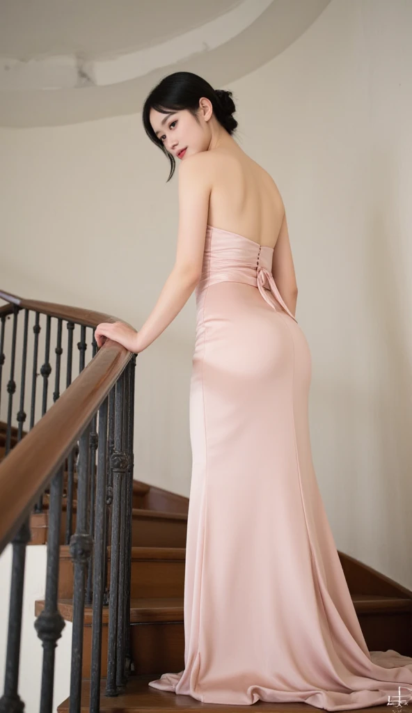 Only One Woman, Are standing, (Remember) (From behind), (A pale pink flared dress fluttering in the wind),(((The hem of a skirt fluttering at the feet))),stylish, Sash belt, Mature Woman, /(Light Brown Hair Buns/) bangs, A kind smile, (Mouth closed), (Top quality masterpiece:1.2) Delicate illustrations, Very detailed, Big Holiday (luxurious venue) indoor, Crowded, chandelier, Detailed Background,manolo high heels,