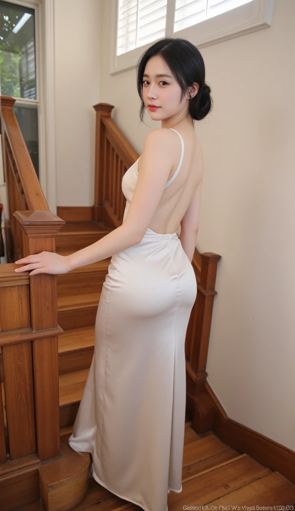 8k, masterpiece, RAW Photos, Highest quality, detailed:1.2),Realistic, Extremely detaileded CG unifies 8k, 8k, diamond, wallpaper, Written boundary depth, (Bright bedroom:1.2), Ray Tracing, (Very beautiful face, Beautiful Lips, Beautiful Eyes), intricate detailed face, ((ultra detaileded skin)) One Girl, Cute Korean Girl, K-POPアイドル,(Slim figure), ((Viewer Display)), (Body Conscious),(光沢のあるSilk long dress:1.5),(Tight fit:1.2),(High neck),(Injection Sleeve:1.1),(Silk long dress:1.5) ,(Opera Gloves:1.5),(Knee-high boots:1.5),Cute Korean Girl,Clear Eyes, walking , (Pale skin), (Big eyes), ((Full Body Shot:1.5)), Bodycon mini dress, Tight mini dress , Navy blue mini dress, Plain Dress, Turn back, Side Shot, Slim figure, Healthy Thighs, Thigh Gap、(Place your arms behind your head:1.3)