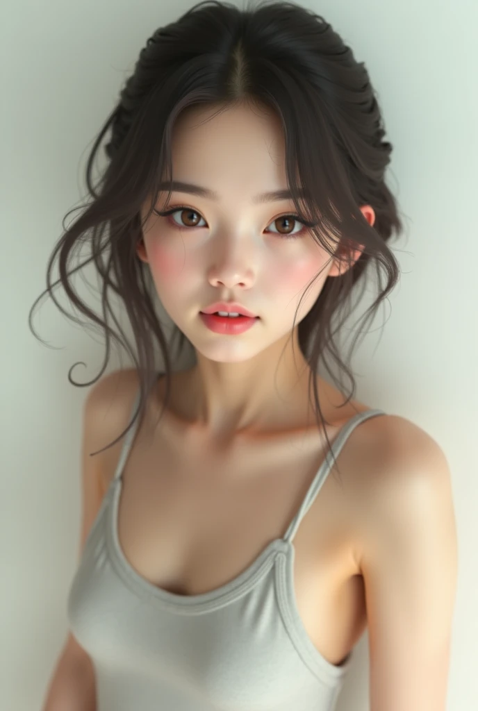 A pretty and cute age girl raises her hand and shows off her white armpit.
