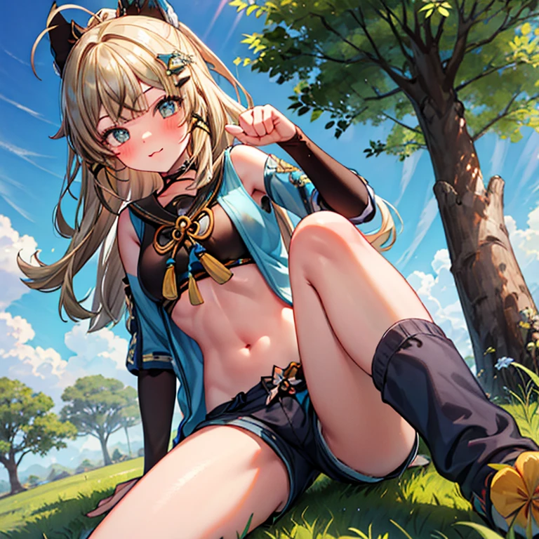 light smile,masterpiece, highest quality, 1 girl, looking at the viewer, blue eyes, ,blonde、(masterpiece),(highest quality:1.0), (ultra high resolution:1.0), 8K, anime, masterpiece、provocative look　Fair skin　upper thigh、Highest quality detailed eye, ,sunny meadow background、Detailed、、shiny detailed nipplad legs、