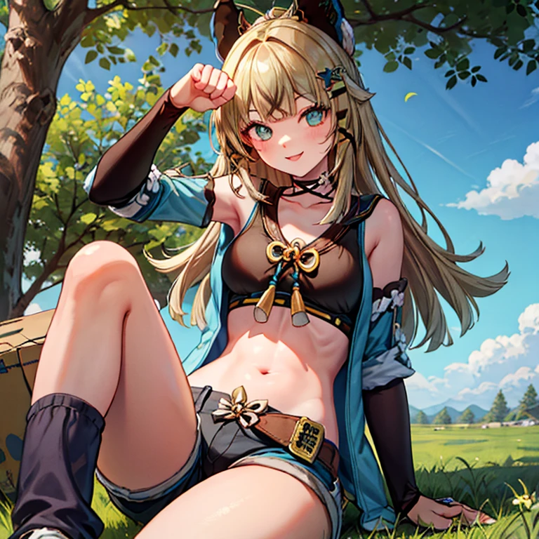 masterpiece, best quality, <lora:metera-nvwls-v1-000009:0.9> defMetera, purple eyes, erune, twintails, hair ornament, black leotard, white capelet, white sleeves, white thighhighs, large breasts, sitting, bridge, sky, clouds, forest, looking at viewer