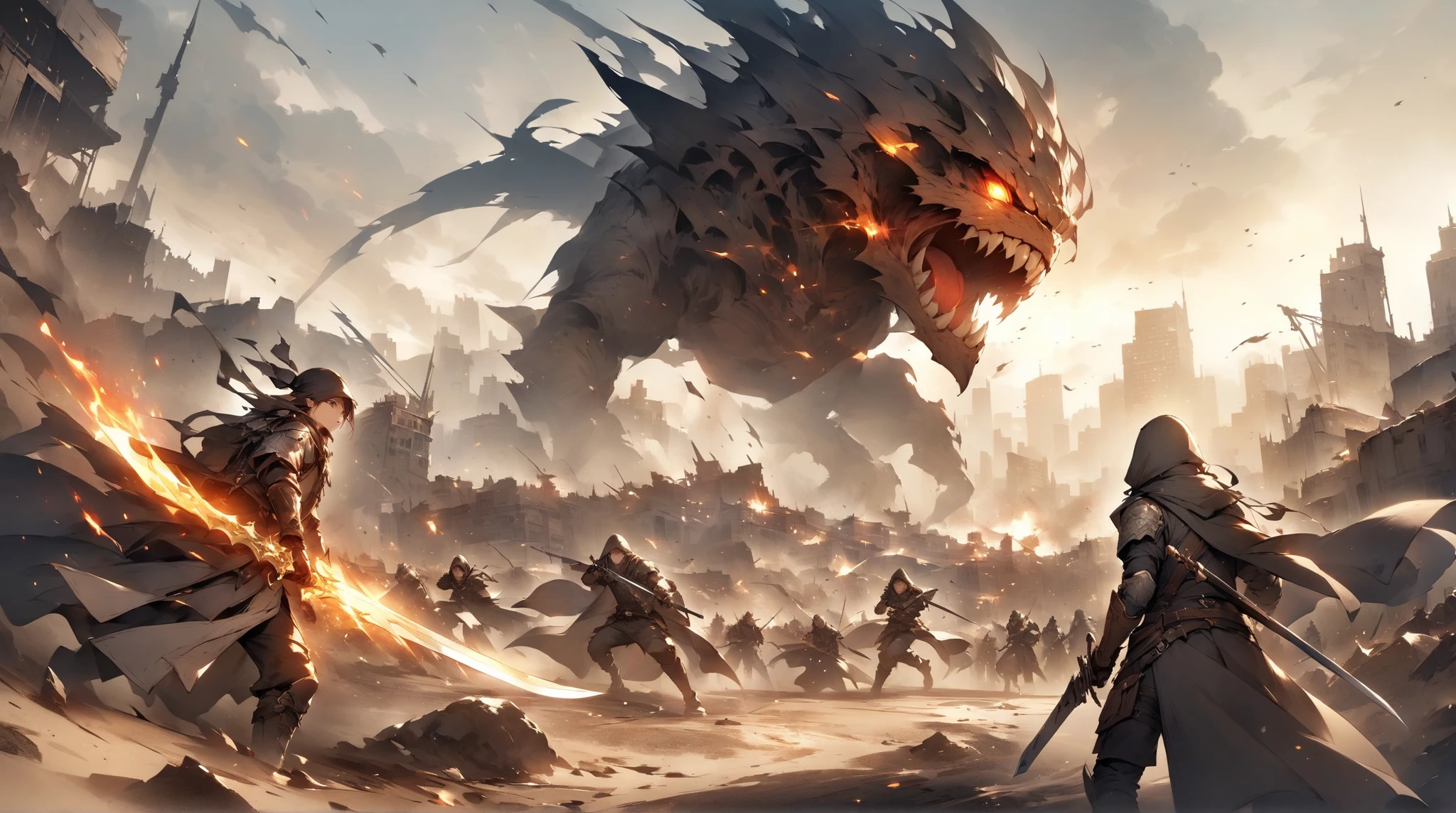 fantasy around the eyes。Hero with Sword。enemy。Cooperate with peers。city。fight。Focus on the face。wasteland。war