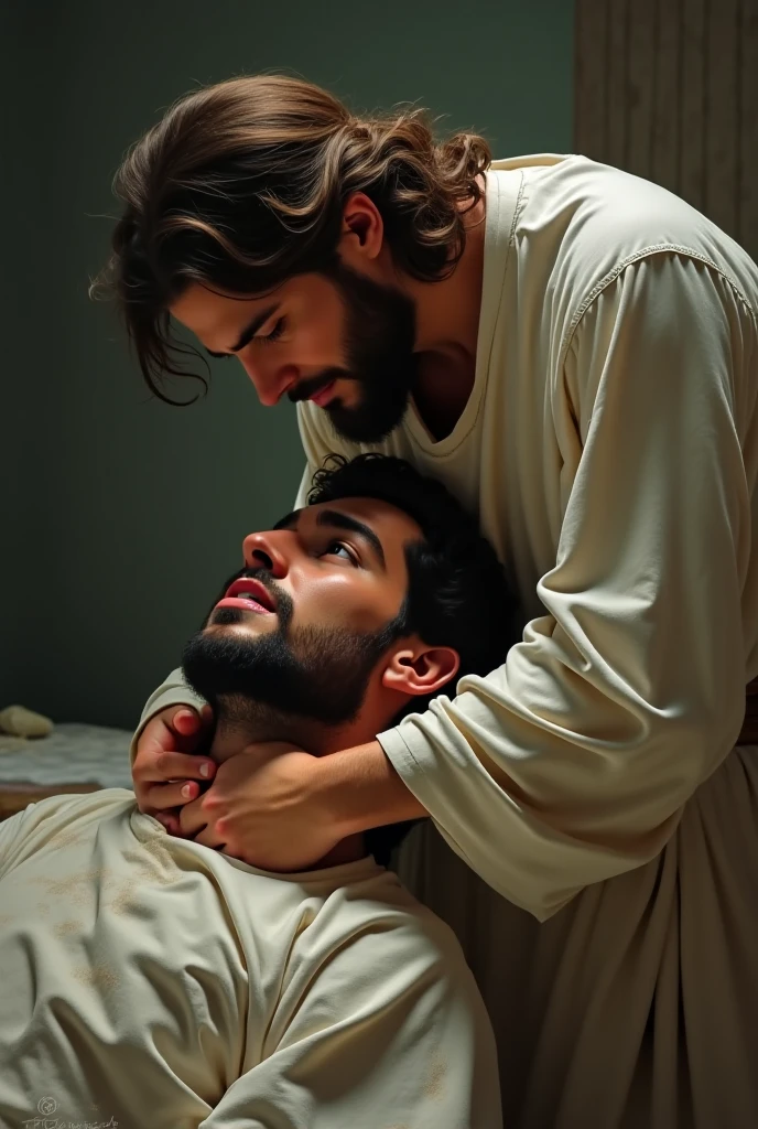 masterpiece, best quality, high resolution, closeup portrait, male focus, A man, 45 years old, with priest uniform, priest clothes, priest father, silver grey hair, messy hairstyle, cute and seductive face, bare chest, body hair, facial hair, roman nose, scruffy, hairy abs, skinny body, hairy legs, dimples, beard, bold jawline , in the background a church back room, view from below, amazing composition, front view, HDR, ultra quality, elegant, highly detailed, sexual tension, seductive, two men, two men passionately touching, priest passionately touching another men, gay priest, priest controversal touch with another men