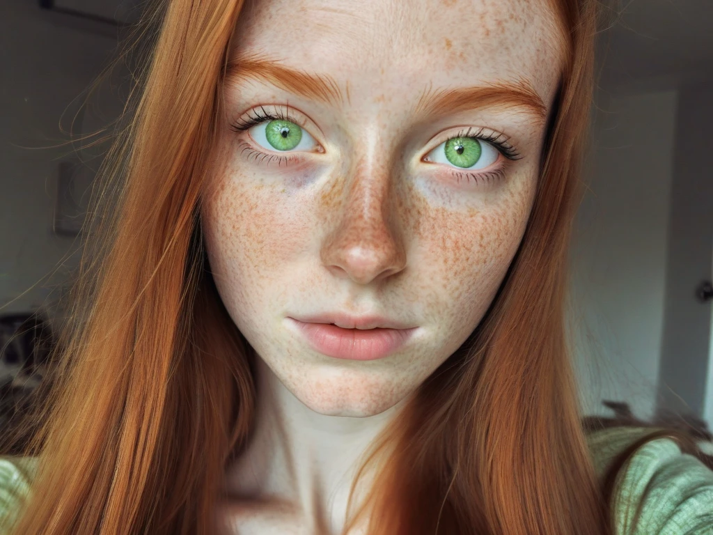 (close-up editorial photo of 20 yo woman, ginger  hair, slim American sweetheart), (freckles:0.8), (lips parted), realistic green eyes, POV, realistic[:, (film grain, 25mm, f/1.2, dof, bokeh, beautiful symmetrical face, perfect sparkling eyes, well defined pupils, high contrast eyes, ultra detailed skin, skin pores, vellus hair, fabric stitching, fabric texture, wood grain, stone texture, finely detailed features:1):0.9]