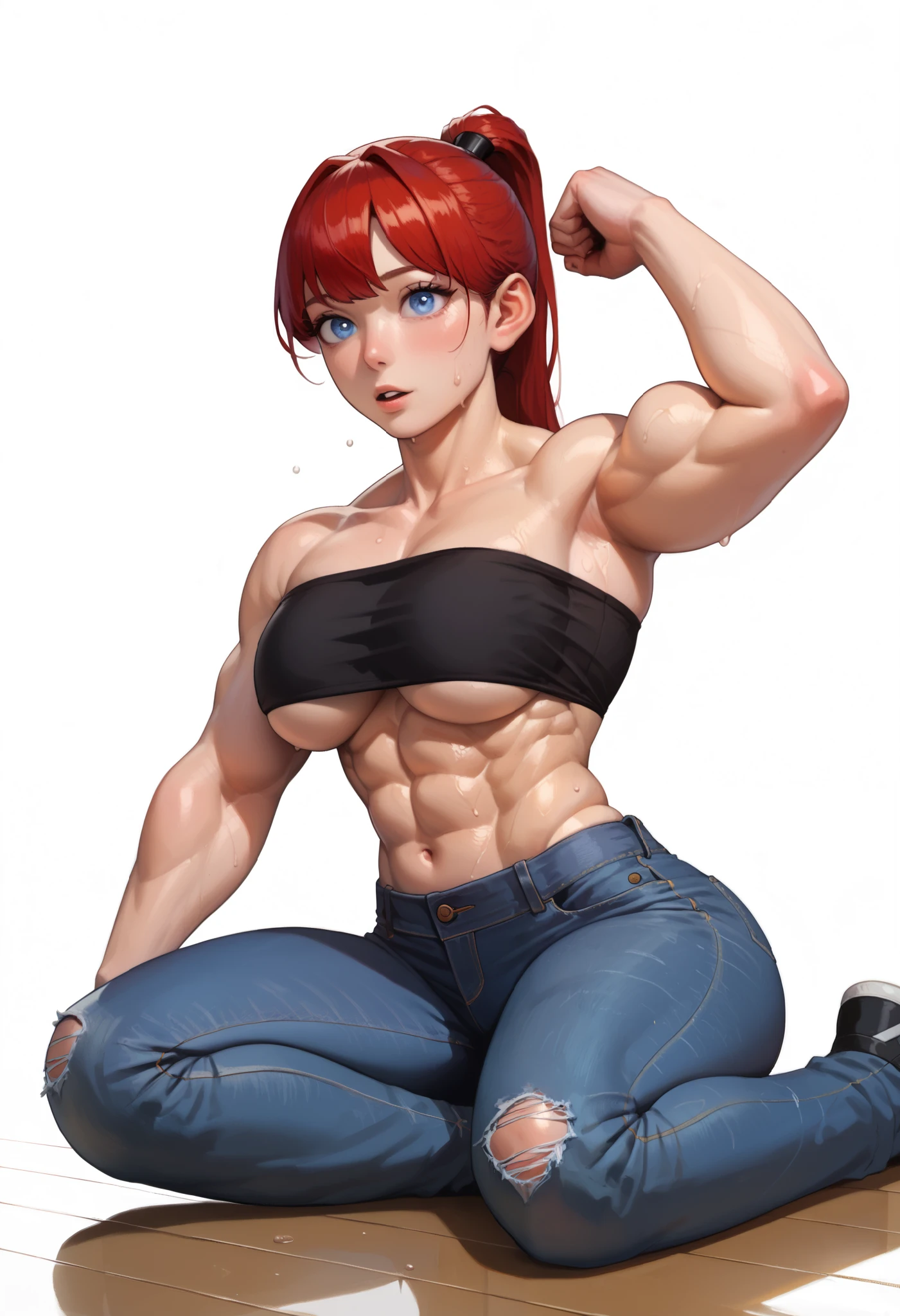 ((masterpiece, best quality)), (1girl), (solo), (female focus), (red hair, punk hair), blue eyes, (freckles), cheeky smile, (stretched shirt), (tight pants), standing, white background, dynamic angle, muscular girl, thighs, abs, muscular shoulders, full body, (wide hips), (big ass), large breasts, illustrated, triceps, (muscular chest)