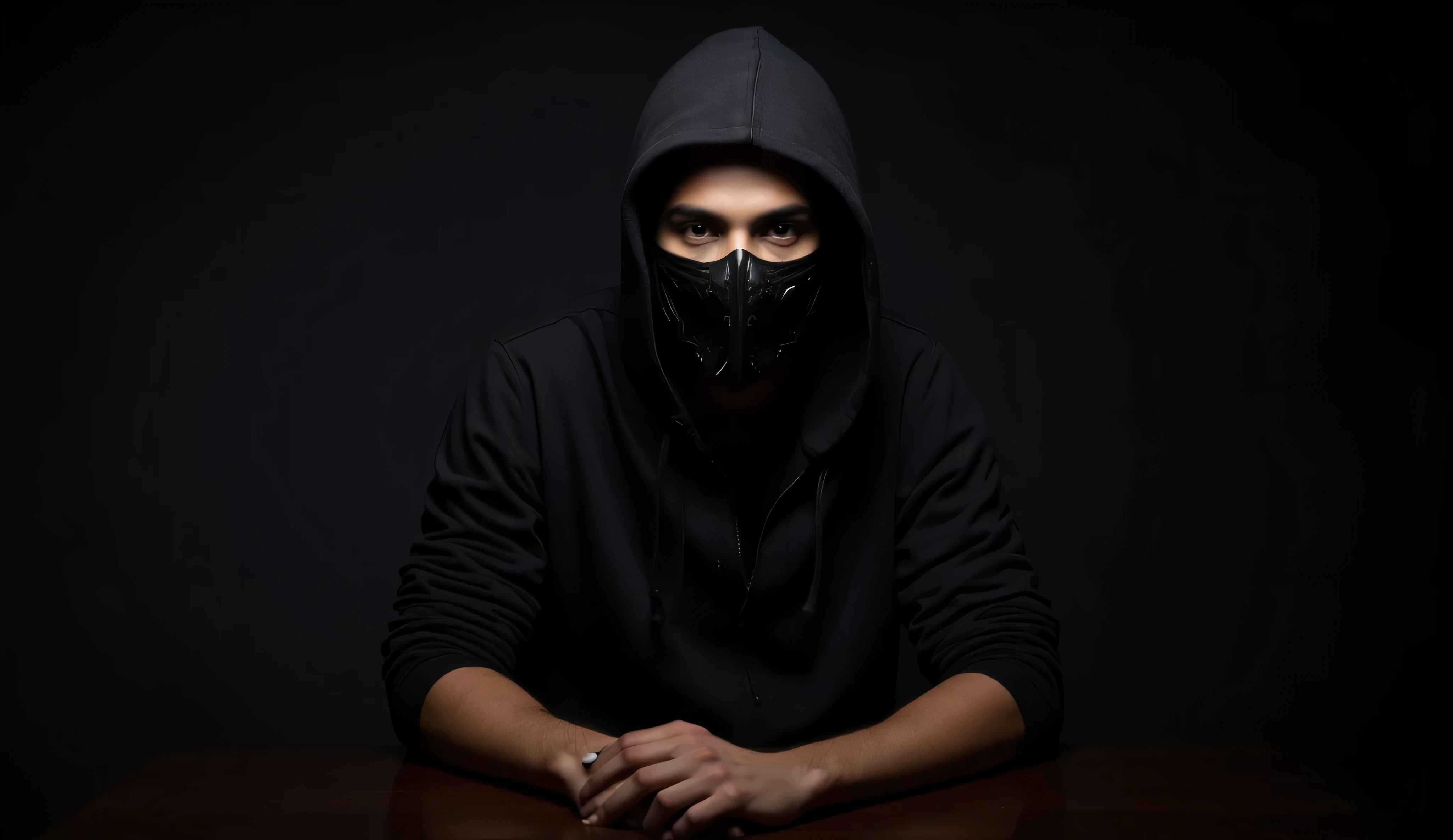24-year-old Brazilian male with brown eyes, wearing a black long-sleeved blouse with a hood on his head, wearing a black Sub-Zero style airsoft mask mask, with a mysterious and imposing look. Sitting at a table, in a dark and mysterious Studio. front view, looking at the viewer. 8D photo-cinematographic image.