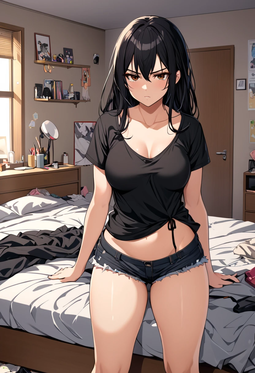 best qualtiy,beautiful quality,Photorealsitic,looking at viewert,highlydetailed skin,Very detailed black hair,8,1girll,short top,Ultra shorts,smooth and delicate thighs,Sit on the bed with your legs crossed