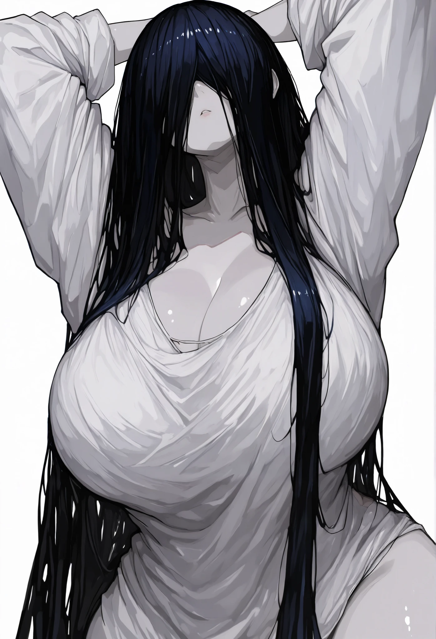 (masterpiece), best quality, expressive eyes, perfect face, yamamura sadako, 1girl, sadako, (hair over eyes:1.4), dark theme, curvy, dark atmosphere, cleavage, closed mouth, oversized white dress,cowboy shot, ((from below)), serious, (pale skin:1.2), grey skin, (sagging breasts:1.2), (huge breasts:1.3),(POV:she showing her ass