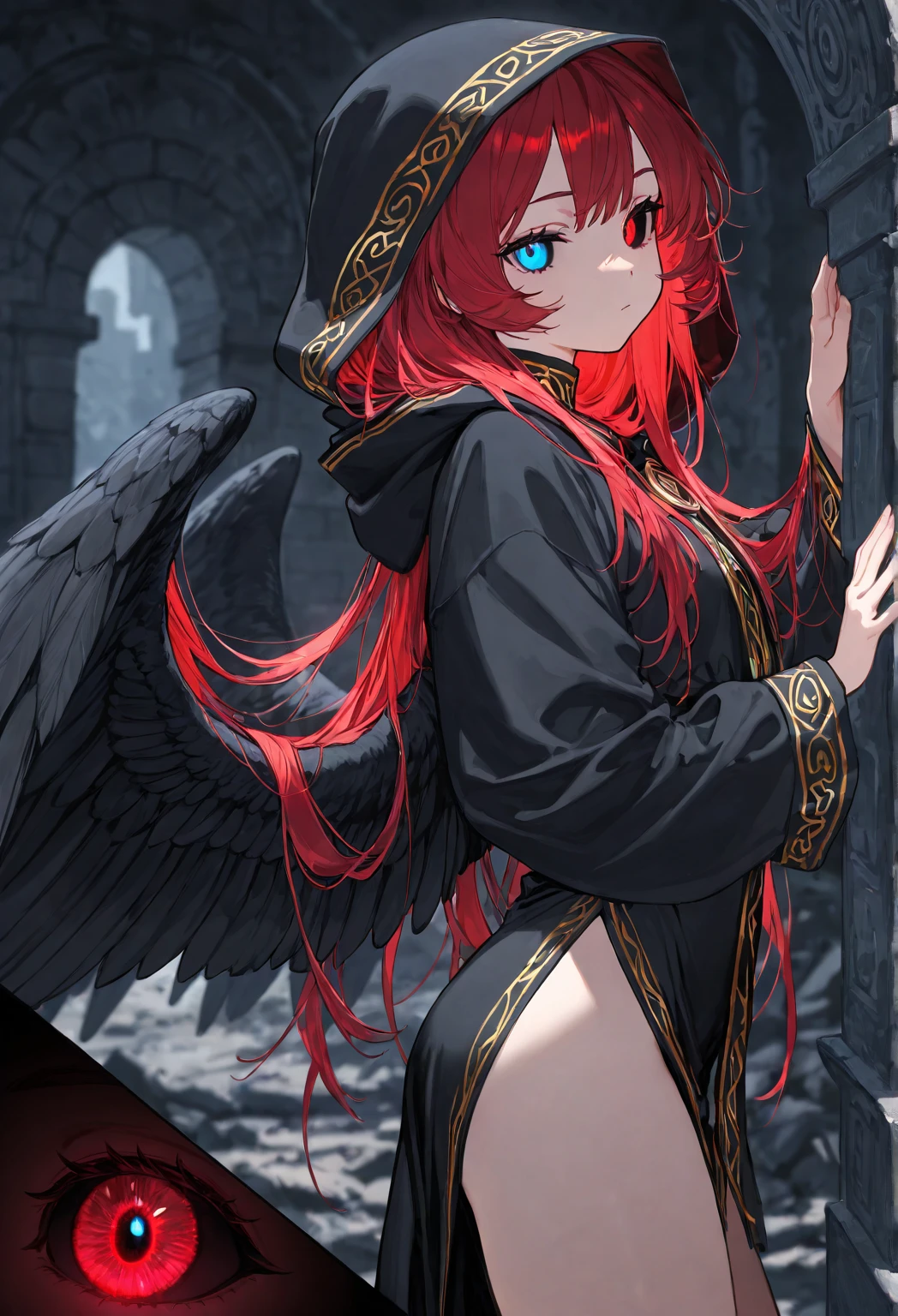 ((garota ruiva scarlet)) com olhos azuis, wears elegant ebony armor, adornada com intrincados detalhes em prata, that enhance your demonic nature. Armor hugs your curves, ressaltando sua silhueta esbelta. O elmo possui chifres finamente esculpidos, reflecting your demonic heritage, while a thin layer of shadows dances around her, conferindo um toque misterioso.

Um manto ????? e fluido, que parece absorver a luz ao seu redor, complementa sua vestimenta. Magical symbols of darkness are embroidered on the cloak, echoing his mastery over that element. Adornando seus pulsos, enchanted bracelets emit a soft blue luminescence, destacando seus ((cabelos ruivos)) e olhos azuis.