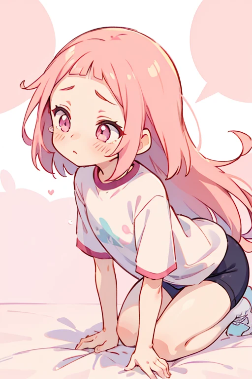 Gym clothes、Love Hotel、Fart、shame、Teary-eyed, 1girl, , pastel pink hair, short bangs in forehead, long length hair, pastel pink eyes, doe like eyes