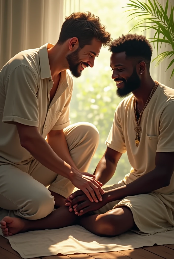 Tall Caucasian Baseball player getting his big wide bare feet massageed by professional handsome African man.