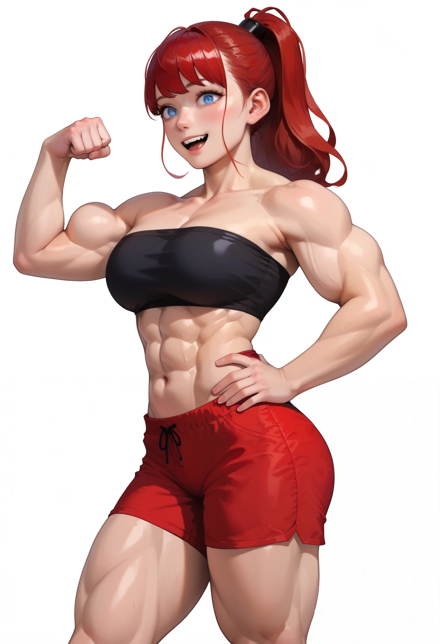 ((White background)) ((Korean girl)) ((1girl)) , (solo girl) ,24 years old, rathing_questionable , detailed eyes, (Red hair tied in a ponytail) Bangs ,blue eyes, (black tube top:1.3) ,(Red shorts:1.2) , ((muscular:0.4)), strong , (sexy) tall ((big breasts:0.5)) ,(muscular), tall ,Long legs , excited (under boob:0.9) ((Flexing arm:0.8))