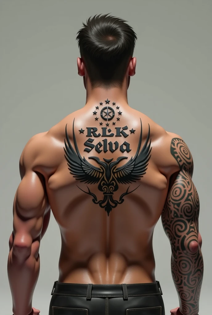 A boy with muscle body and a tattoo on body of name Dev background of Indian flag