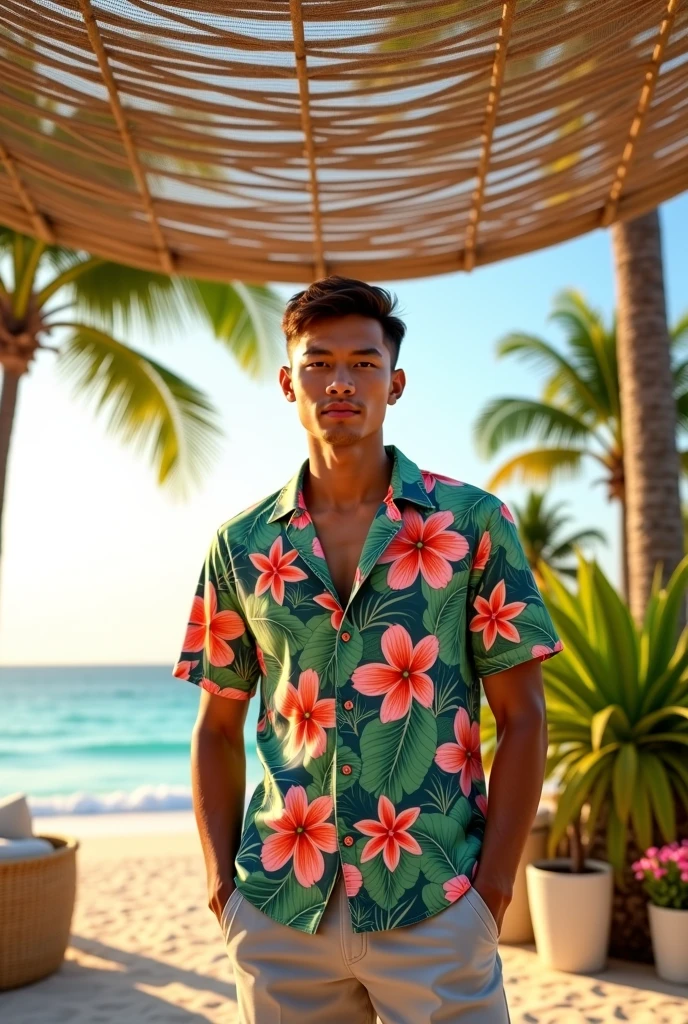 (best quality,4k,8k,highres,masterpiece:1.2),ultra-detailed,(realistic,photorealistic,photo-realistic:1.37),extremely detailed face and body, muscular shirtless man with tanned skin, handsome, chiseled jawline, piercing eyes, thick eyebrows, 5 o'clock shadow, short wavy dark hair, Hawaiian shirt, holding tropical cocktail, at lively Hawaiian themed party, colorful decorations, palm trees, beach in background, warm lighting, vibrant colors