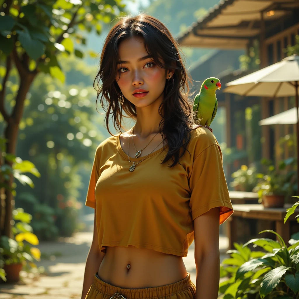 (best quality:1.4), (very high:1.2), (realistic:1.4), (8ก, raw photos:1.2),(Medium shot :1.4), (brown eyes), girl walking on the road, Tiring ( Red Thai elephant harem pants:1.3),(white top:1.2), (Beautiful shoes),(natural light),(Rim lights)