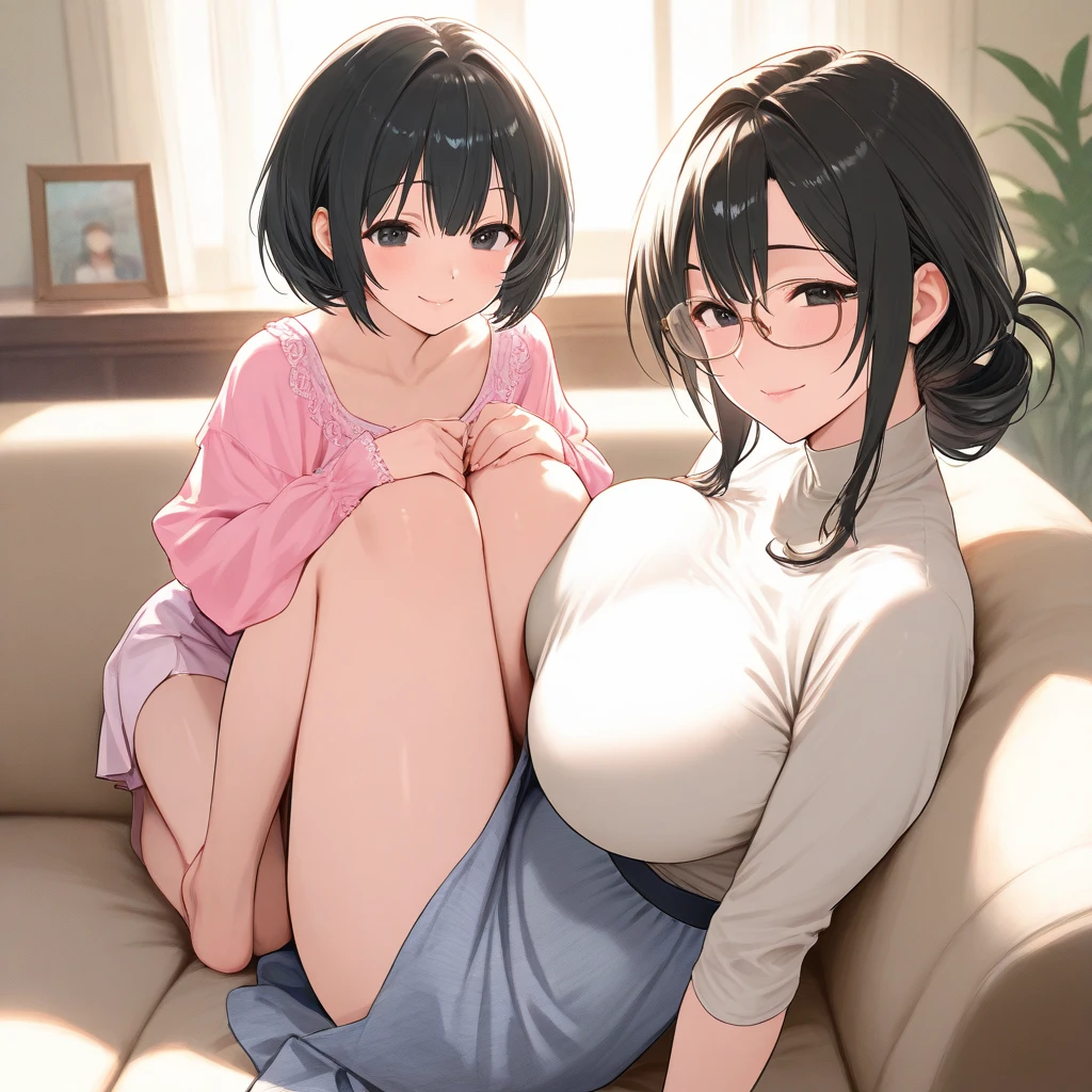 one girl, white blouse,hotpink striped panties,boobs,tall of a person,thin,sharp eyes, beautiful face,slender face,sitting with legs tucked under,hands between legs, flushed cheeks,cool,short bob,wave hair,gold hair,blue eyes,indoor,on the bed,masterpiece, extremely fine and beautiful, illustration, anime, black thick outline