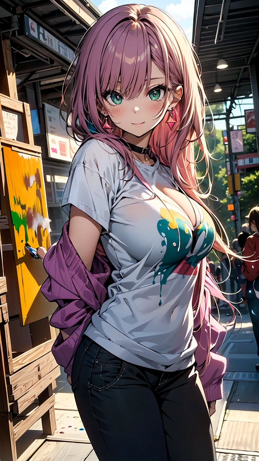 ((NSFW))、(masterpiece, Highest quality:1.3), (Super detailed:1.2), (hyperRealistic:1.3), (RAW Photos:1.2), High-definition RAW color photos, Professional photos, (PhotoRealistic:1.4), (Realistic:1.4), (Pink Hair:1.5), Professional Lighting, Perfect Anatomy, (Big Breasts:1.2), (blush, Detailed face),Earrings, necklace, Gold bracelet, (Slim body、Are thin、Model body type、Beautiful long legs), (White tight t-shirt、Open chest、Shorts、Zipper fully open、Low rise、金のEarrings、:1.3)、To the tips of the feet、(((Sweat)))、((Sweatで濡れた肌、My hair is wet))、Double teeth、(smile)、(((Body odor)))、(((Bad body odor)))、(((pubic hair、I can see the vagina)))、(((Yamanote Line、crowded train)))、(((Love juice drips)))、Hold on to the strap、((Angle from below))、(((Touching the vagina)))