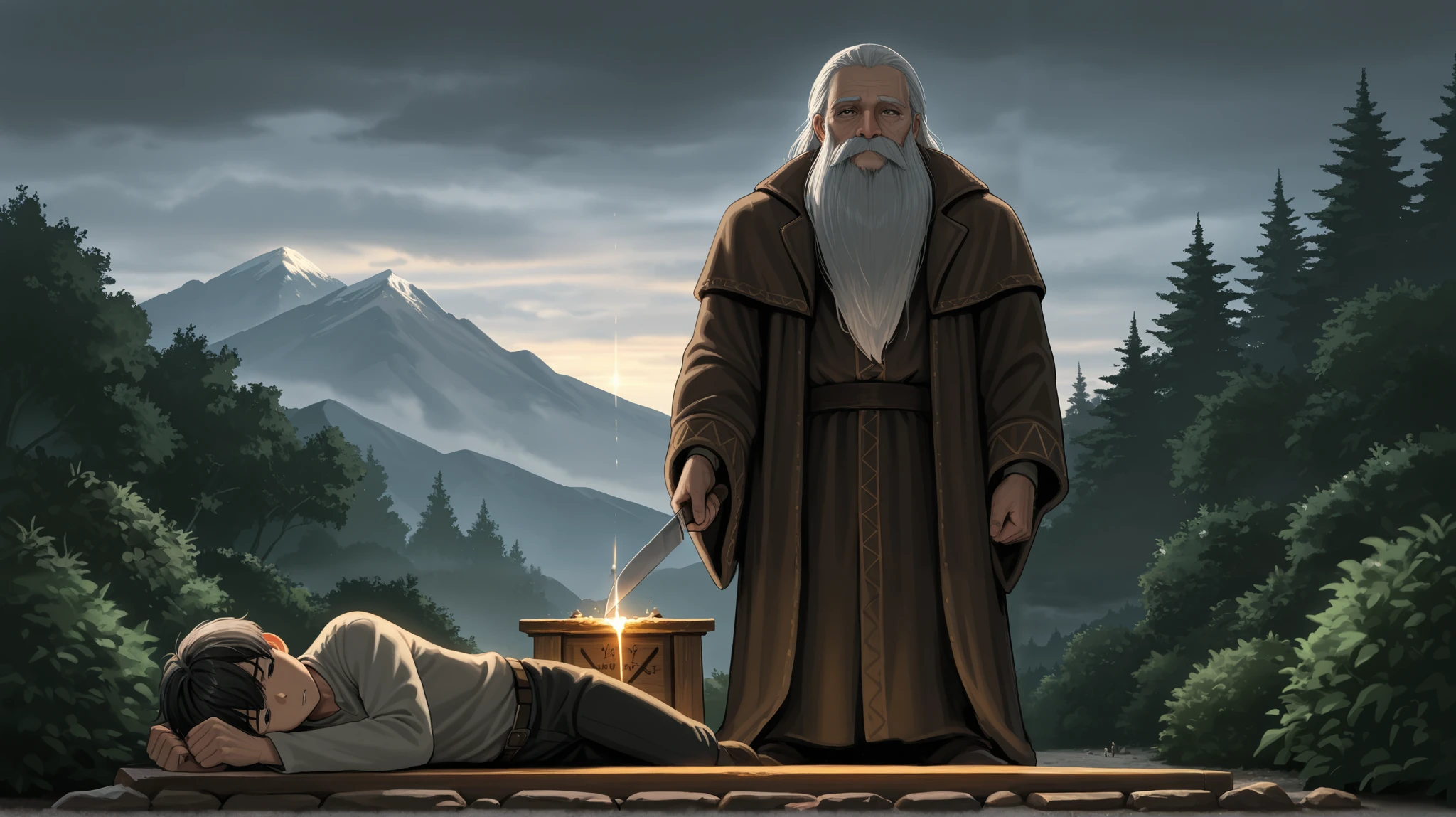 A dramatic scene on a barren mountainside under a gray, overcast sky. Abraham, an elderly man with a long beard and a solemn expression, stands beside a crude altar made of piled stones. In his hands, he holds a knife upright, hesitating as he looks at his son Isaac, a young man with a confident and serene look, lying on the altar with his hands tied. In the background, dry bushes and steep rocks make up the desolate scene. Suddenly, a soft light breaks through the clouds, and the presence of an angel hovers above, with shining wings and an outstretched hand, stopping the sacrifice. A ram tangled in a nearby bush appears as a sign of redemption. The scene captures the tension, faith, and relief of the moment when Abraham is tested and blessed.
