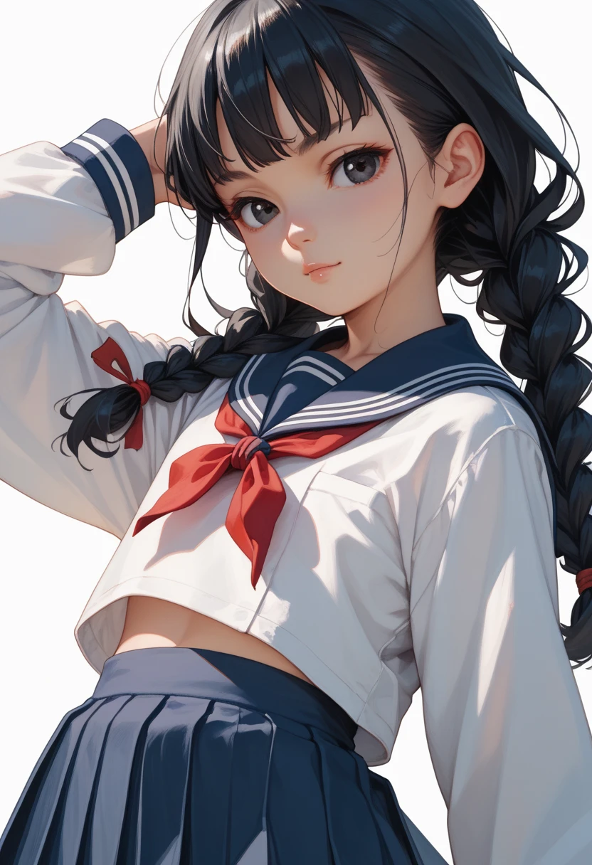 highest quality、High resolution、Detailed Background、Beautiful face in every detail、Teenage beauty、Detailed red eyes、Realistic、Perfect body line、Black Hair、Wavy Hairstyle、well-groomed eyebrows、Cute Eye Makeup、Cute Lip Makeup、Calm atmosphere、A short-sleeved shiny dark sailor suit、White sailor collar、Navy blue pleated skirt、Red ribbon、White Stockings、Standing by the window in the classroom、Looking at me with a blush、Cute gestures、very beautiful