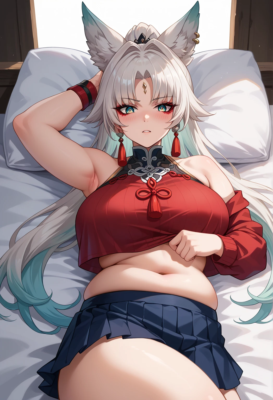 open mouth, huge breasts, looking at the audience, white hair,,long hair,black horn,red multicolored hair,yellow eyes,,slim, ,cowboy shot,,blush,bright screen,smile,bare shoulder,cheerleader,cleavage,sitting,wet,on bed,navel,skirt