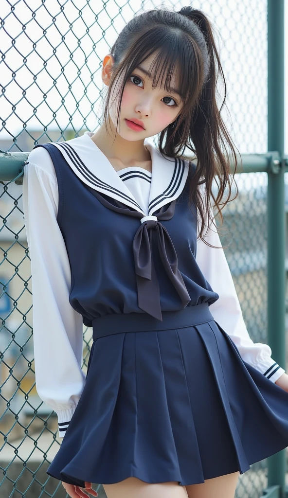 Top image quality、8K、​masterpiece：1.3))、Realistic high-quality photos、top-quality、girl cute-fine face、13 years old beautiful Japan girl、Photo of slim little girl model、Beautiful girl model、young japanese girl、Young cute face、japanaese girl、13-year-old female model、Beautiful Model Girl、The innocent look of the girl next door、lovely delicate face、Brown hair、Beautiful brown eyes、Tear bag、drooing eyes、young body、a sailor suit，Black short skirt，Presentable facial features，long yellow hair，thick thighs，thighband，Black Long Socks