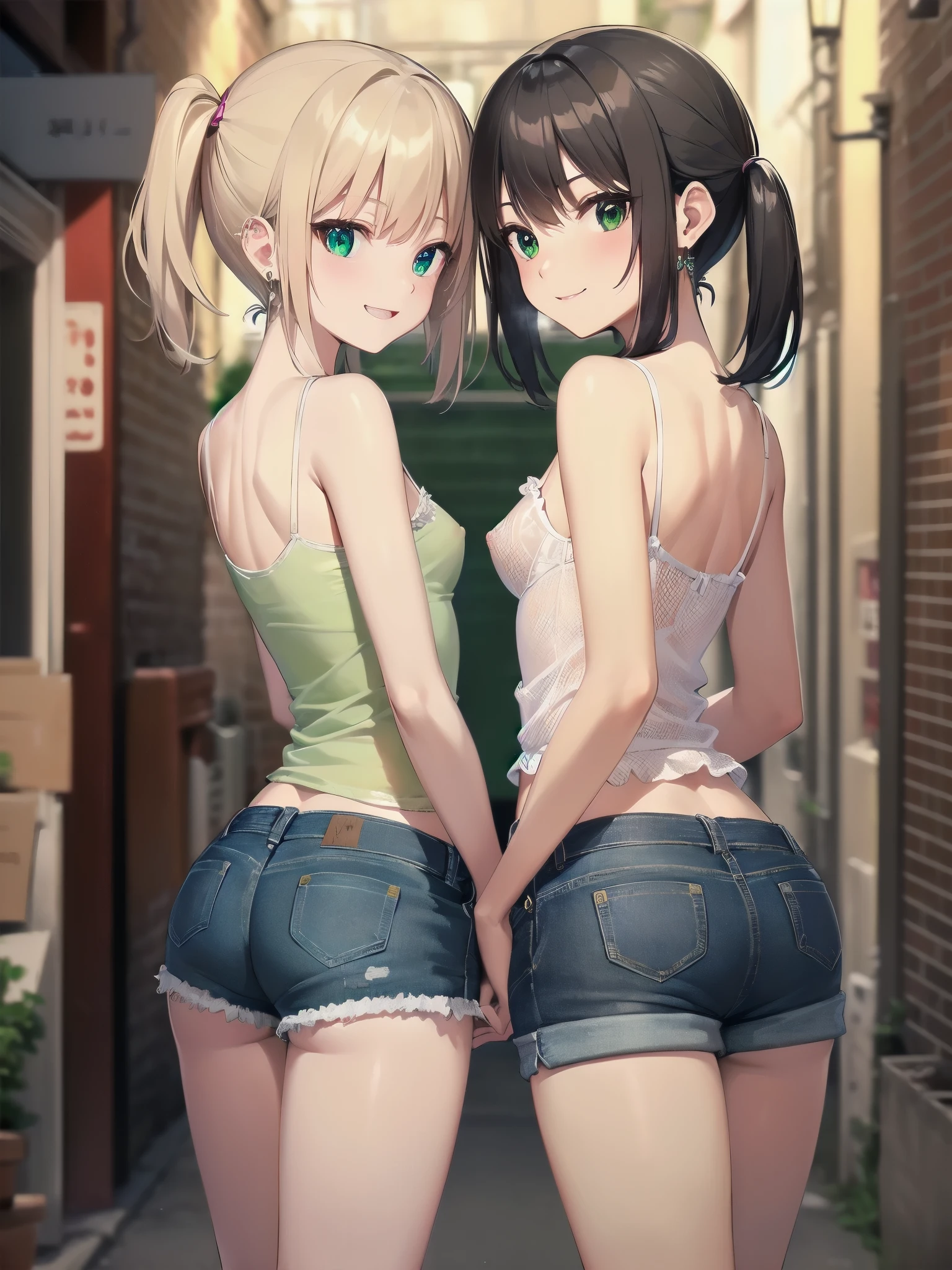 (three girls are sticking out their big butt boldly:1.5), (big butt), Laughing with your mouth open, (slender), hair band, Headband, hair bobbles, brown hair, blond hair, navel, jewelry, looking at viewer, necklace, long hair, short hair, Abdominal muscles, (Very thin T-back),